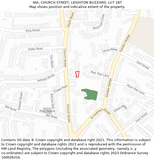 36A, CHURCH STREET, LEIGHTON BUZZARD, LU7 1BT: Location map and indicative extent of plot