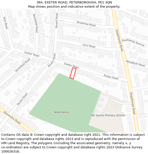 36A, EXETER ROAD, PETERBOROUGH, PE1 3QN: Location map and indicative extent of plot