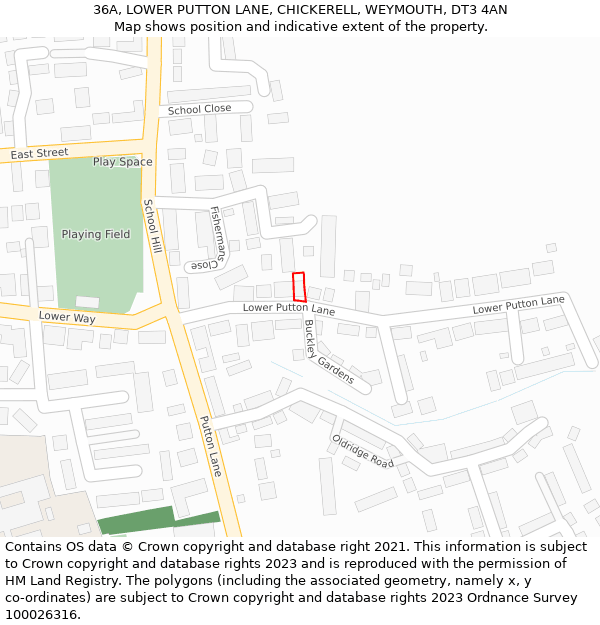 36A, LOWER PUTTON LANE, CHICKERELL, WEYMOUTH, DT3 4AN: Location map and indicative extent of plot