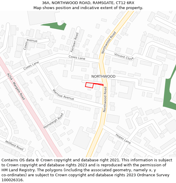 36A, NORTHWOOD ROAD, RAMSGATE, CT12 6RX: Location map and indicative extent of plot