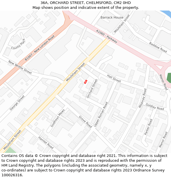 36A, ORCHARD STREET, CHELMSFORD, CM2 0HD: Location map and indicative extent of plot