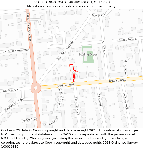 36A, READING ROAD, FARNBOROUGH, GU14 6NB: Location map and indicative extent of plot