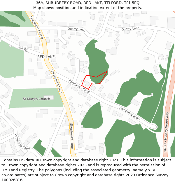 36A, SHRUBBERY ROAD, RED LAKE, TELFORD, TF1 5EQ: Location map and indicative extent of plot