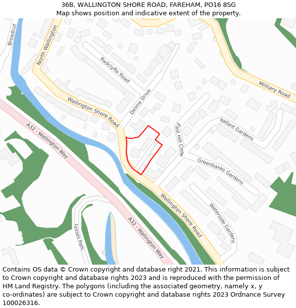 36B, WALLINGTON SHORE ROAD, FAREHAM, PO16 8SG: Location map and indicative extent of plot