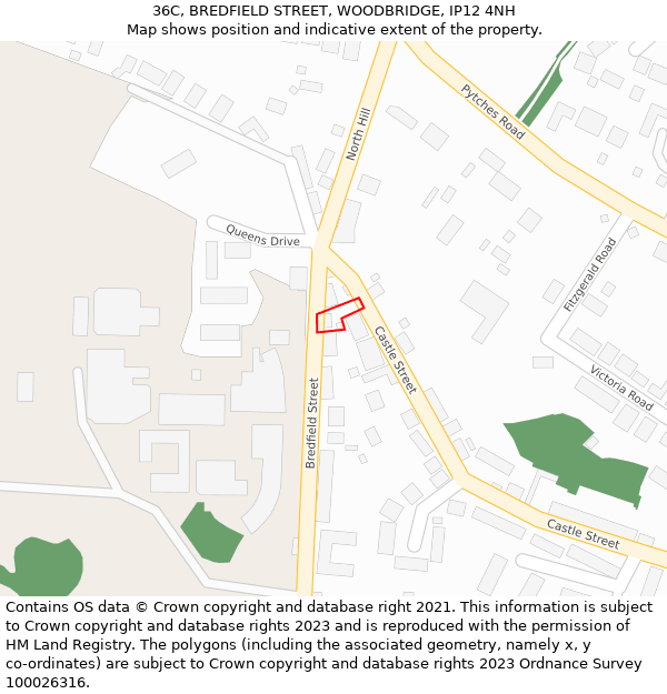 36C, BREDFIELD STREET, WOODBRIDGE, IP12 4NH: Location map and indicative extent of plot