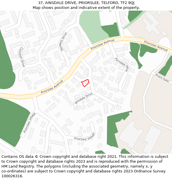 37, AINSDALE DRIVE, PRIORSLEE, TELFORD, TF2 9QJ: Location map and indicative extent of plot