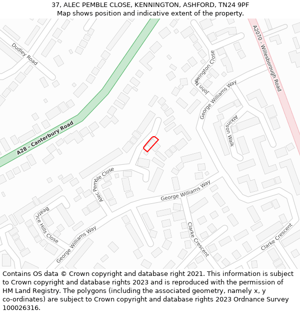 37, ALEC PEMBLE CLOSE, KENNINGTON, ASHFORD, TN24 9PF: Location map and indicative extent of plot