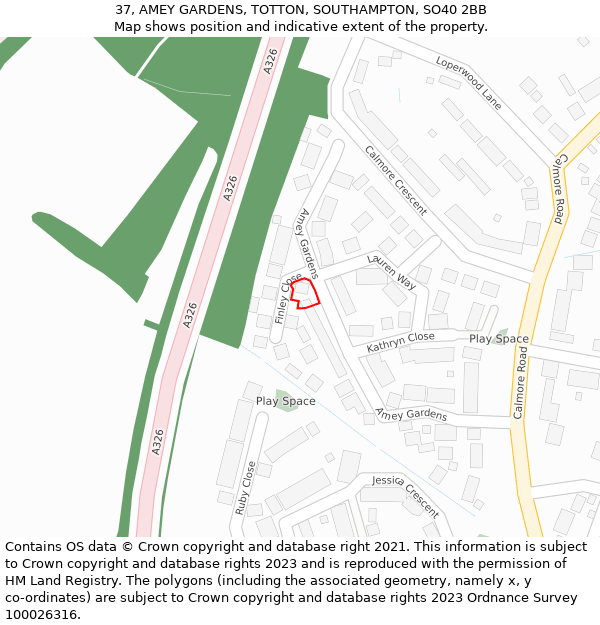 37, AMEY GARDENS, TOTTON, SOUTHAMPTON, SO40 2BB: Location map and indicative extent of plot