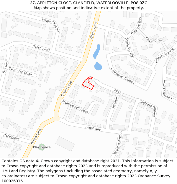 37, APPLETON CLOSE, CLANFIELD, WATERLOOVILLE, PO8 0ZG: Location map and indicative extent of plot