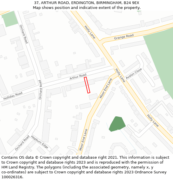 37, ARTHUR ROAD, ERDINGTON, BIRMINGHAM, B24 9EX: Location map and indicative extent of plot