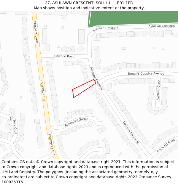 37, ASHLAWN CRESCENT, SOLIHULL, B91 1PR: Location map and indicative extent of plot