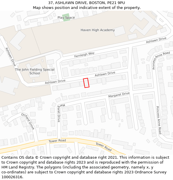 37, ASHLAWN DRIVE, BOSTON, PE21 9PU: Location map and indicative extent of plot