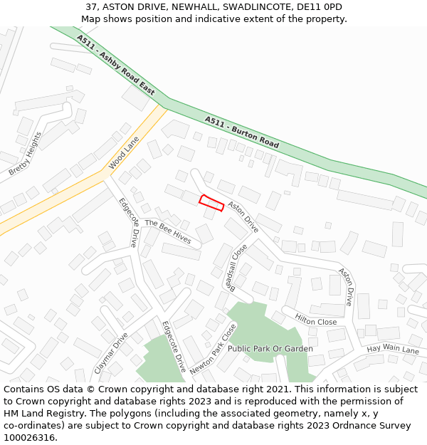 37, ASTON DRIVE, NEWHALL, SWADLINCOTE, DE11 0PD: Location map and indicative extent of plot