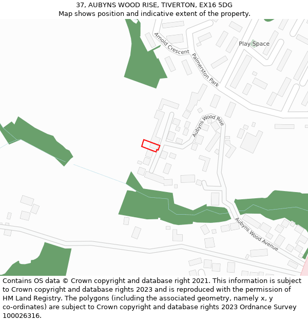 37, AUBYNS WOOD RISE, TIVERTON, EX16 5DG: Location map and indicative extent of plot