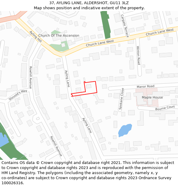 37, AYLING LANE, ALDERSHOT, GU11 3LZ: Location map and indicative extent of plot