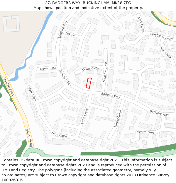 37, BADGERS WAY, BUCKINGHAM, MK18 7EG: Location map and indicative extent of plot