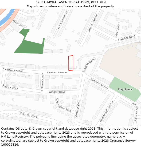 37, BALMORAL AVENUE, SPALDING, PE11 2RN: Location map and indicative extent of plot