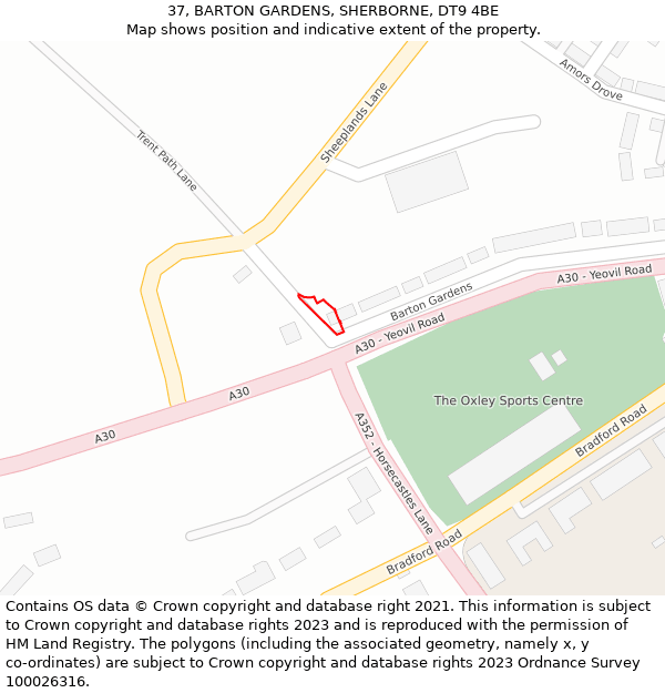 37, BARTON GARDENS, SHERBORNE, DT9 4BE: Location map and indicative extent of plot