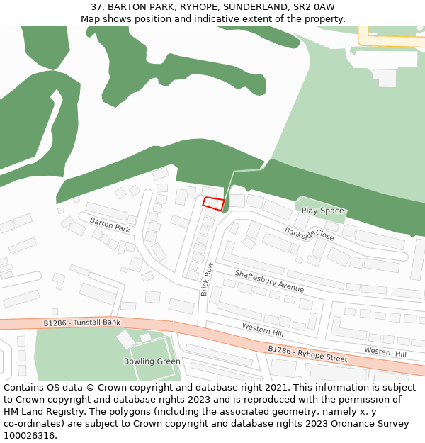 37, BARTON PARK, RYHOPE, SUNDERLAND, SR2 0AW: Location map and indicative extent of plot