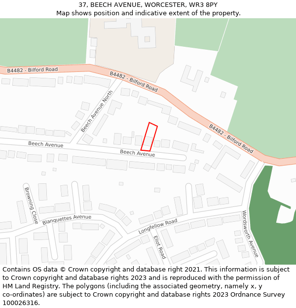 37, BEECH AVENUE, WORCESTER, WR3 8PY: Location map and indicative extent of plot