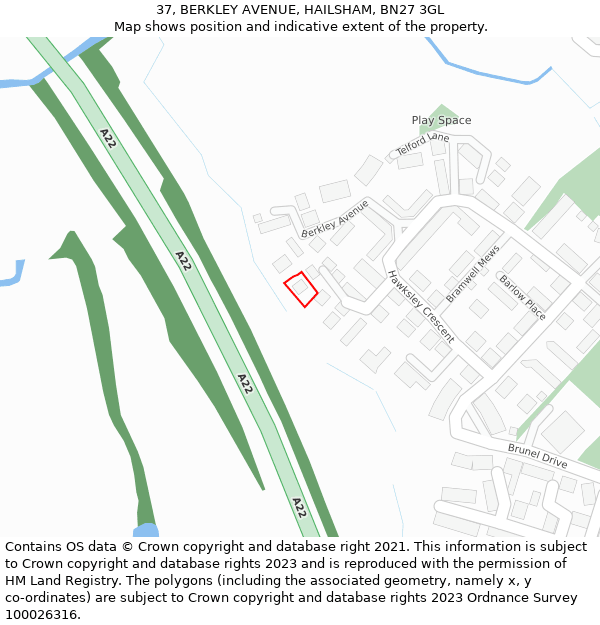 37, BERKLEY AVENUE, HAILSHAM, BN27 3GL: Location map and indicative extent of plot