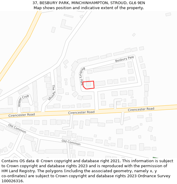 37, BESBURY PARK, MINCHINHAMPTON, STROUD, GL6 9EN: Location map and indicative extent of plot