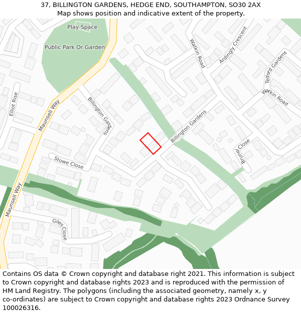 37, BILLINGTON GARDENS, HEDGE END, SOUTHAMPTON, SO30 2AX: Location map and indicative extent of plot