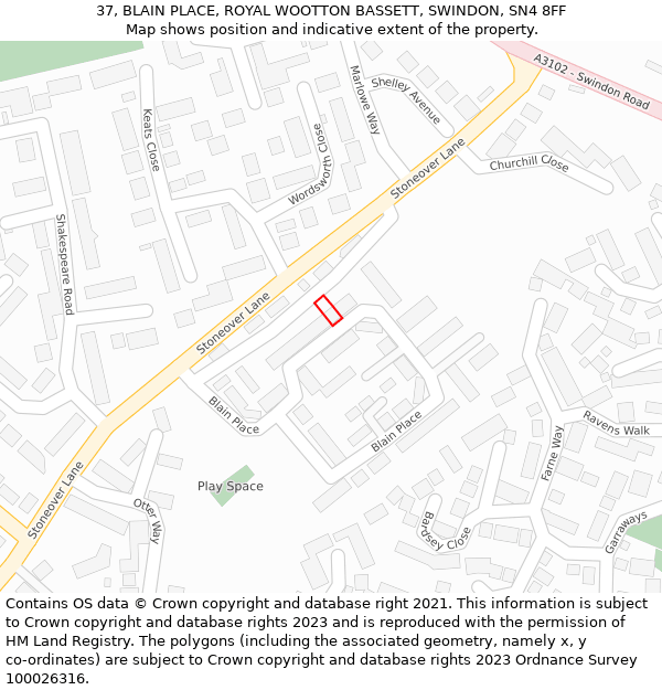 37, BLAIN PLACE, ROYAL WOOTTON BASSETT, SWINDON, SN4 8FF: Location map and indicative extent of plot