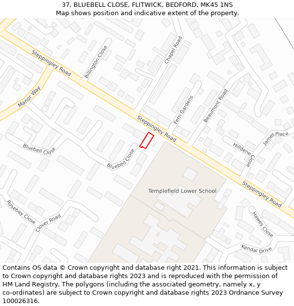 37, BLUEBELL CLOSE, FLITWICK, BEDFORD, MK45 1NS: Location map and indicative extent of plot