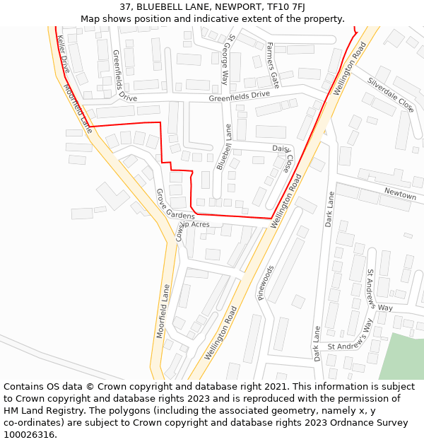 37, BLUEBELL LANE, NEWPORT, TF10 7FJ: Location map and indicative extent of plot