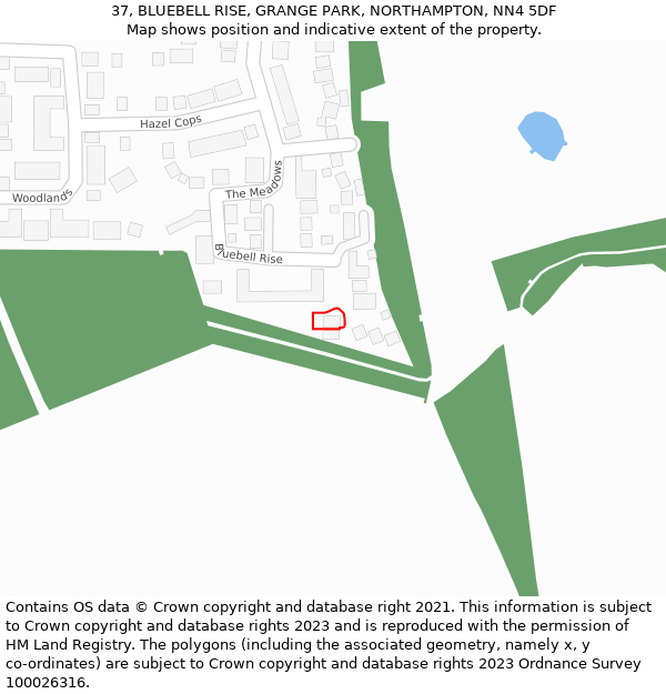 37, BLUEBELL RISE, GRANGE PARK, NORTHAMPTON, NN4 5DF: Location map and indicative extent of plot
