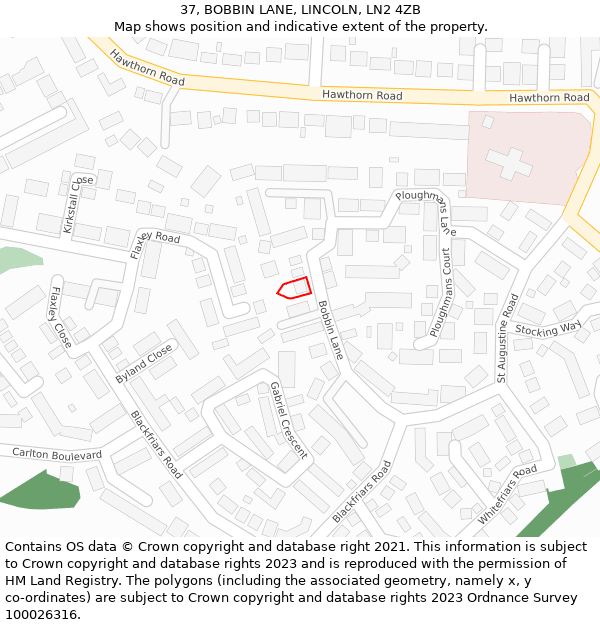 37, BOBBIN LANE, LINCOLN, LN2 4ZB: Location map and indicative extent of plot