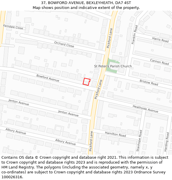 37, BOWFORD AVENUE, BEXLEYHEATH, DA7 4ST: Location map and indicative extent of plot