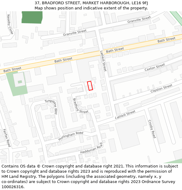 37, BRADFORD STREET, MARKET HARBOROUGH, LE16 9FJ: Location map and indicative extent of plot