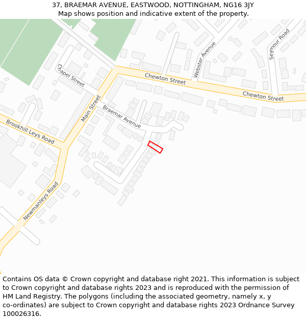 37, BRAEMAR AVENUE, EASTWOOD, NOTTINGHAM, NG16 3JY: Location map and indicative extent of plot