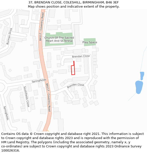 37, BRENDAN CLOSE, COLESHILL, BIRMINGHAM, B46 3EF: Location map and indicative extent of plot