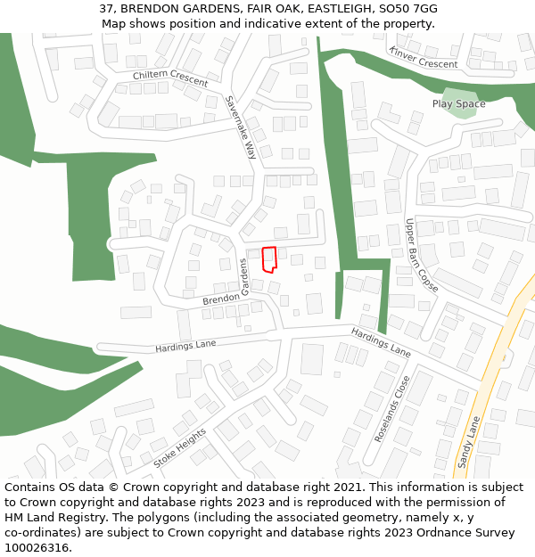 37, BRENDON GARDENS, FAIR OAK, EASTLEIGH, SO50 7GG: Location map and indicative extent of plot