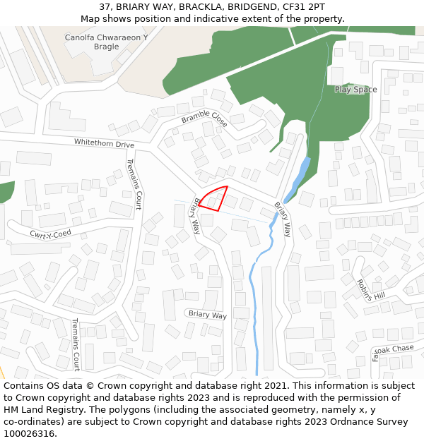 37, BRIARY WAY, BRACKLA, BRIDGEND, CF31 2PT: Location map and indicative extent of plot