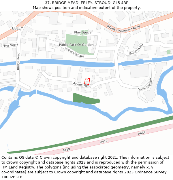 37, BRIDGE MEAD, EBLEY, STROUD, GL5 4BP: Location map and indicative extent of plot