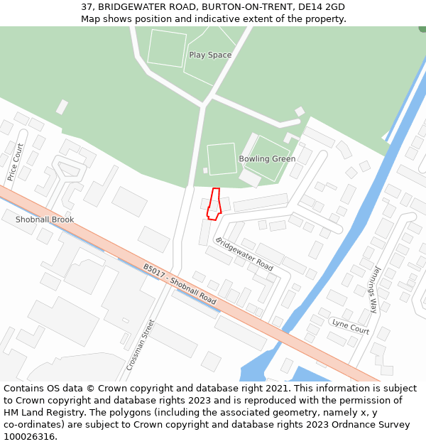 37, BRIDGEWATER ROAD, BURTON-ON-TRENT, DE14 2GD: Location map and indicative extent of plot