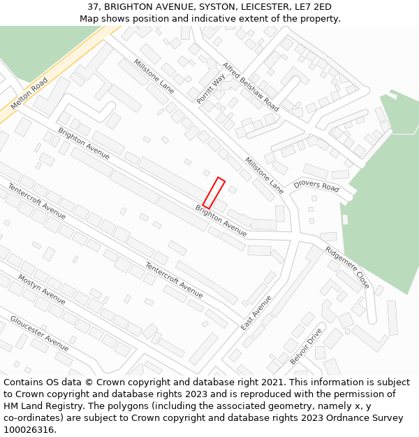 37, BRIGHTON AVENUE, SYSTON, LEICESTER, LE7 2ED: Location map and indicative extent of plot