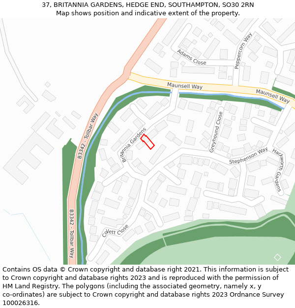 37, BRITANNIA GARDENS, HEDGE END, SOUTHAMPTON, SO30 2RN: Location map and indicative extent of plot