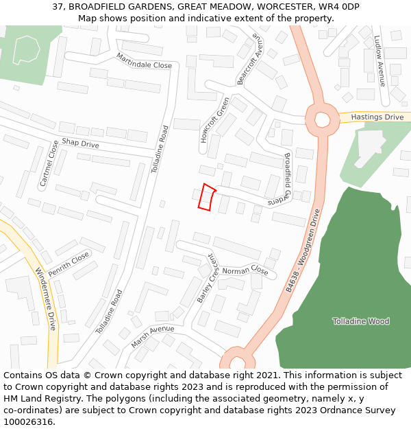 37, BROADFIELD GARDENS, GREAT MEADOW, WORCESTER, WR4 0DP: Location map and indicative extent of plot