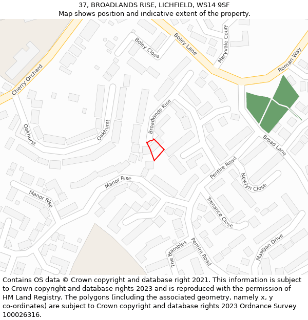 37, BROADLANDS RISE, LICHFIELD, WS14 9SF: Location map and indicative extent of plot