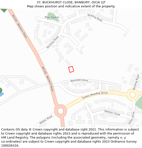 37, BUCKHURST CLOSE, BANBURY, OX16 1JT: Location map and indicative extent of plot