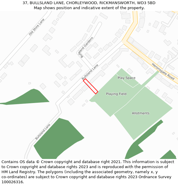 37, BULLSLAND LANE, CHORLEYWOOD, RICKMANSWORTH, WD3 5BD: Location map and indicative extent of plot