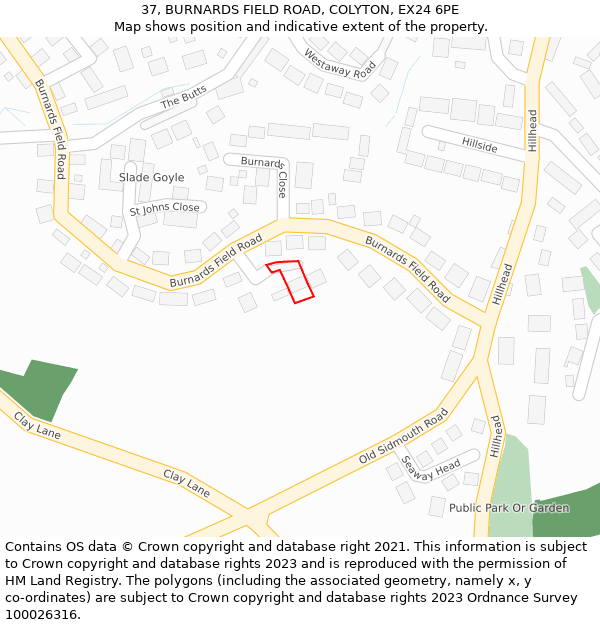 37, BURNARDS FIELD ROAD, COLYTON, EX24 6PE: Location map and indicative extent of plot