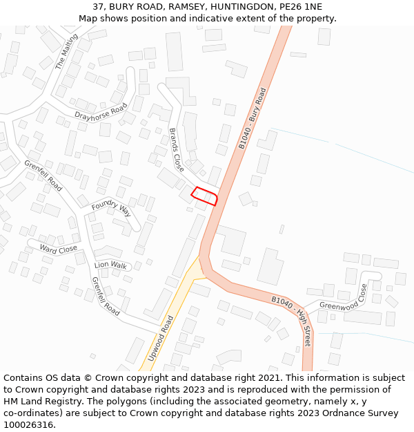 37, BURY ROAD, RAMSEY, HUNTINGDON, PE26 1NE: Location map and indicative extent of plot