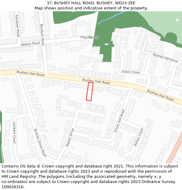 37, BUSHEY HALL ROAD, BUSHEY, WD23 2EE: Location map and indicative extent of plot