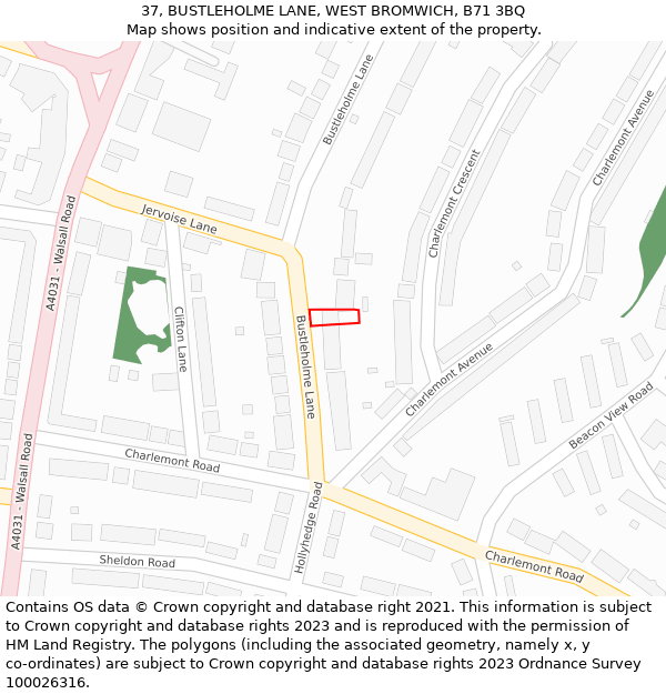 37, BUSTLEHOLME LANE, WEST BROMWICH, B71 3BQ: Location map and indicative extent of plot